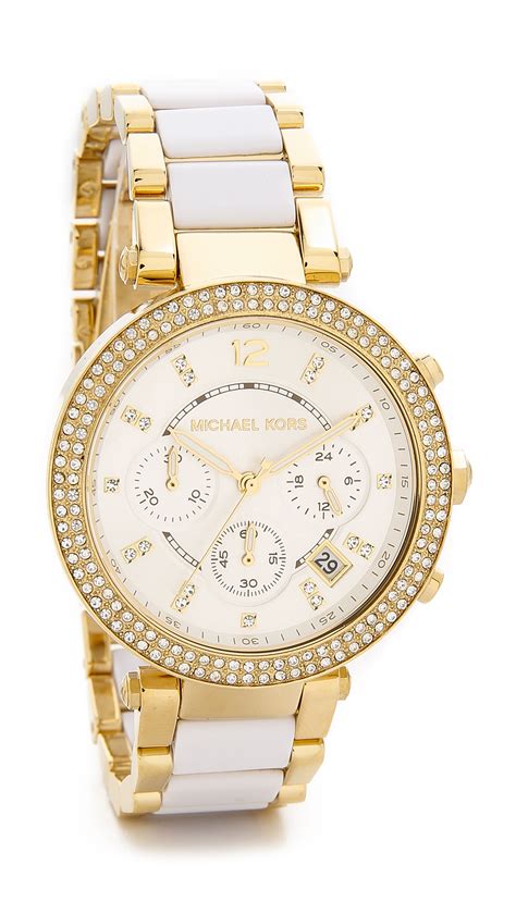 michael kors watch gold with white band|Michael Kors watches ladies gold.